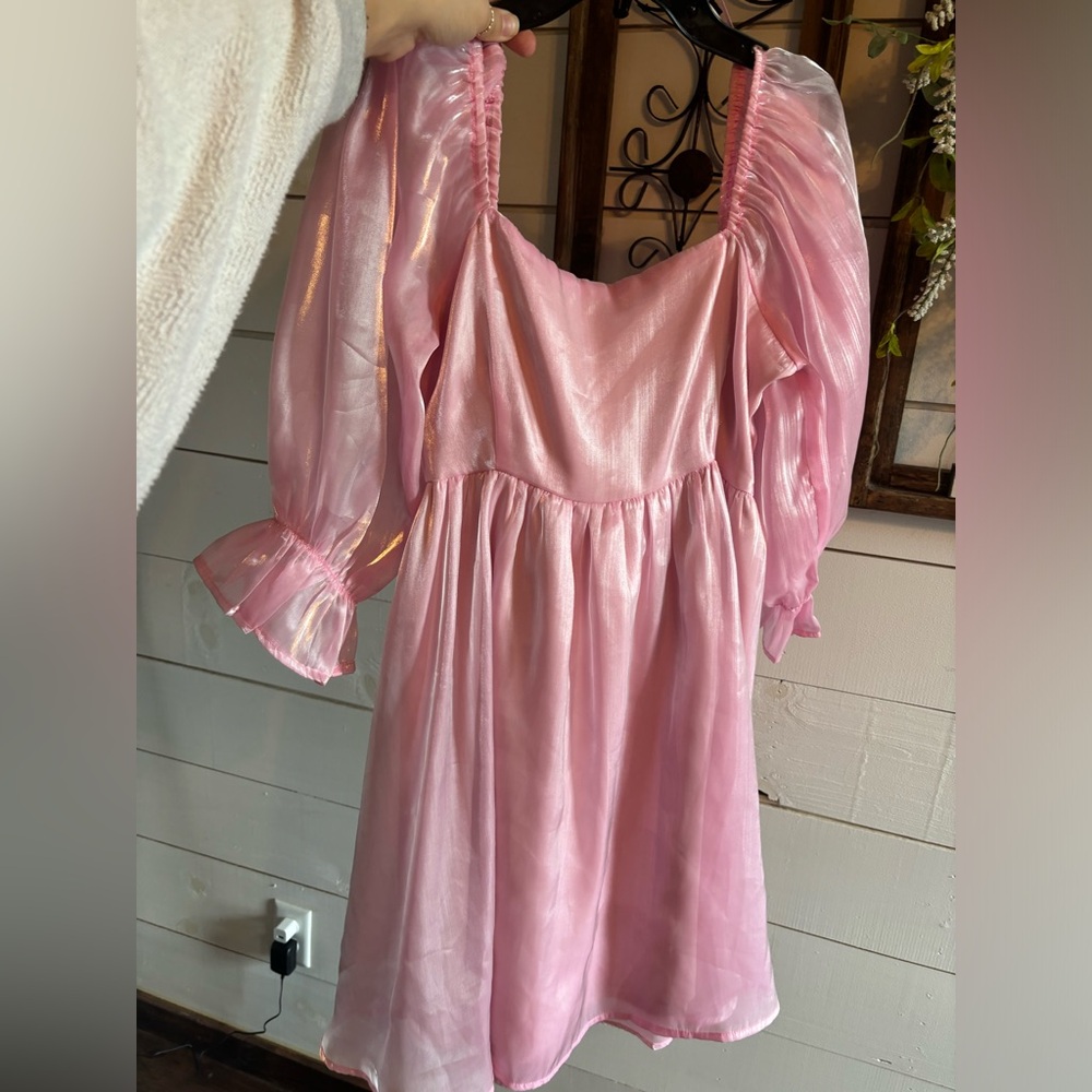 Bubble gum pink shimmer mini dress.